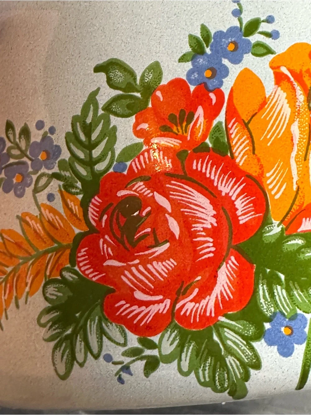 Vintage light blue enamel pot with lid roses print